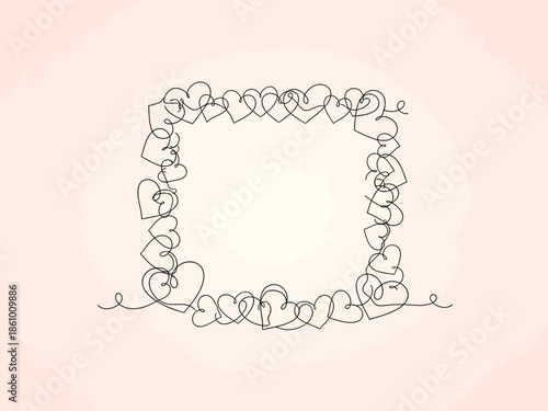 A delicate line art frame of intertwined hearts on a soft pink background