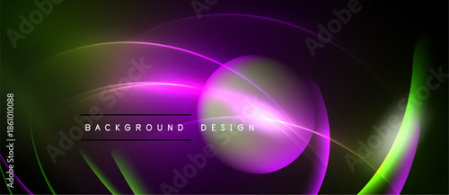 Abstract neon background. Vibrant purple, green hues blend. Circular shapes, flowing lines create dynamic visual effect. Modern design element.