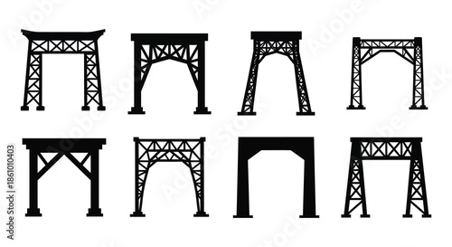 A collection of architectural bridge designs presented in a stark black and white silhouette