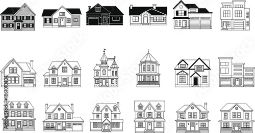 collection, modern, suburban, residential, house, architecture, set, vintage, classic, american, home, 