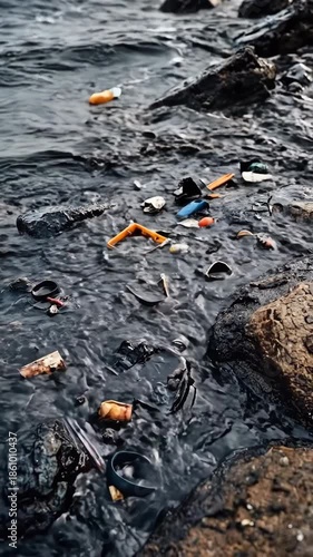 Ocean plastic pollution and oil spill on a rocky shoreline. Dirty waves washing over floating garbage, bottles, and toxic sludge. Environmental disaster and ecological crisis concept