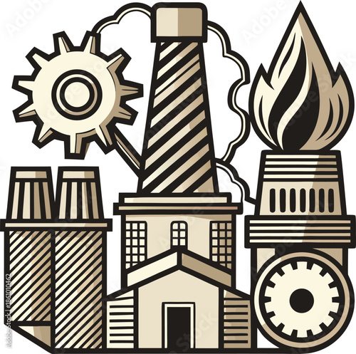 Industrial factory with smokestack and gears in vintage style