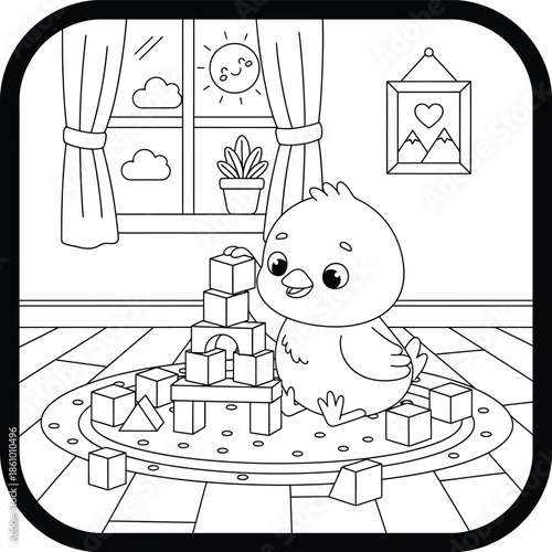 Cute Baby Bird Playing with Wooden Blocks at Home – Kawaii Cartoon Line Art Illustration for Kids Coloring Book, Nursery Room and Educational Design
