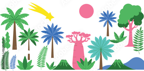 colorful tropical jungle landscape illustration with palm trees, exotic plants, volcano hills, pink baobab tree, sun and shooting star decorative nature vector