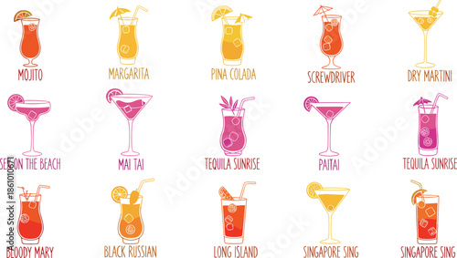 colorful cocktail drinks illustration set, classic mixed beverages collection with names, bar menu design, tropical summer alcohol glass vector artwork