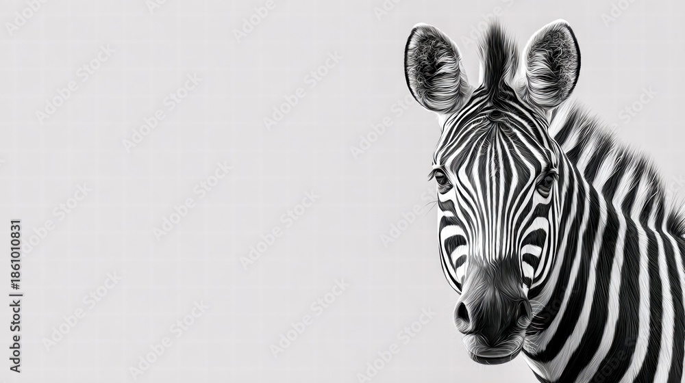 Fototapeta premium Striking black and white portrait of a zebra gazing directly at the viewer.