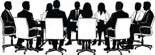 corporate business team meeting silhouette, executives sitting in boardroom, professional office discussion, leadership conference illustration, teamwork concept vector creative artwork design