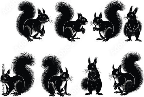 Cute squirrel silhouettes collection, forest wildlife animal illustration, bushy tail rodents standing sitting and eating poses, nature woodland design element set