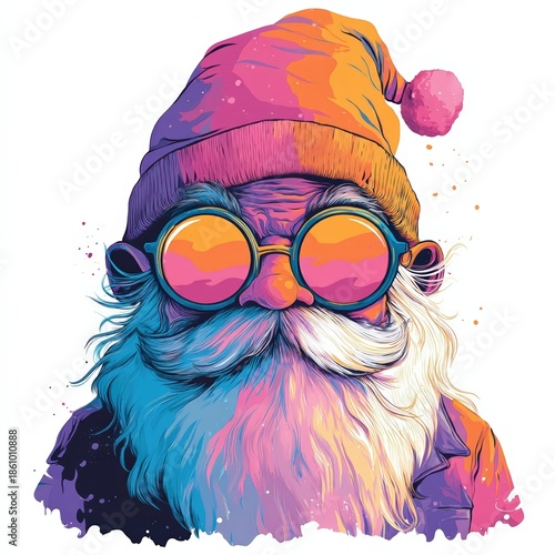 A colorful, artistic illustration of a whimsical Santa Claus wearing sunglasses and a vibrant hat, exuding a fun and playful vibe.
