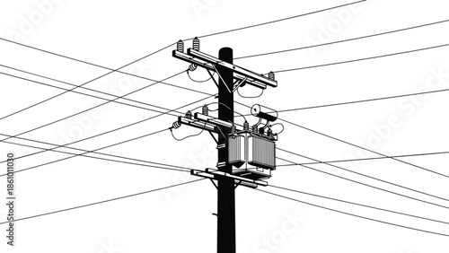 Electric utility pole with power transformer and overhead wires, electricity distribution network infrastructure, high voltage energy grid technology illustration background