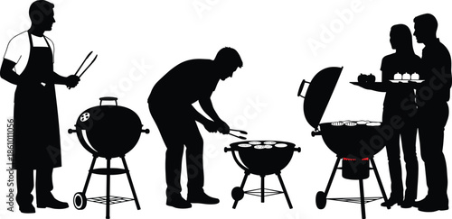 family backyard barbecue silhouette scene, people grilling food outdoors, summer cooking party illustration, barbecue grill, friends sharing meal, outdoor leisure vector
