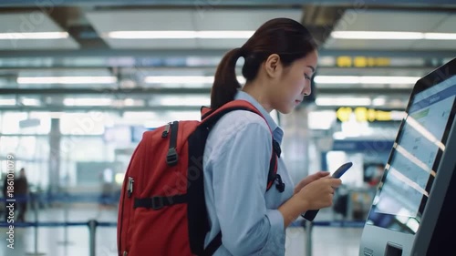 A young woman with a red backpack stands by a kiosk in an airport. She looks at the screen. People are blurred in background