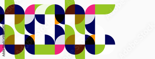 Abstract geometric pattern. Circles, semicircles, petals create colorful design. Modern aesthetic, vibrant hues, simple shapes.
