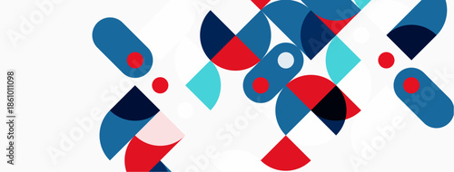 Abstract geometric shapes overlap, creating vibrant composition. Blue, red, turquoise dominate white background. Modern design elements present.