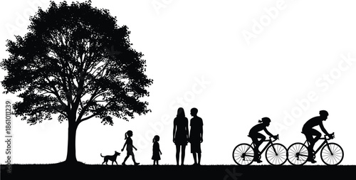 Family walking and cycling in park silhouette scene under large tree, outdoor lifestyle illustration, nature leisure activity, healthy community environment, vector design