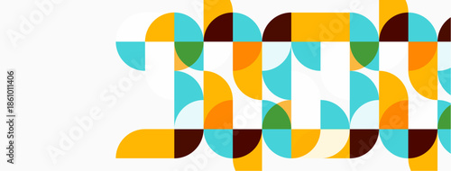 Abstract geometric pattern. Circles, semicircles create colorful design. Warm, cool tones blend nicely. Modern aesthetic.