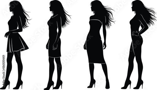 fashion woman silhouette set, elegant female poses in dresses, stylish model figure illustration, beauty lady profile, glamour vector art collection design graphic