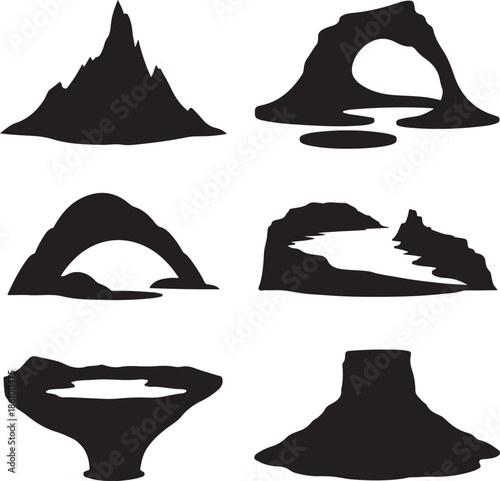 Collection of abstract rock formation silhouettes isolated on transparent background