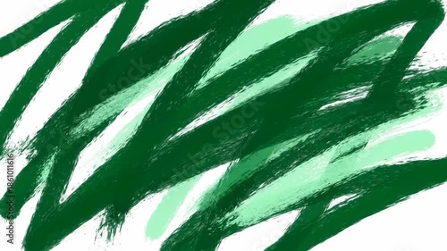 Abstract artwork features overlapping green brushstrokes of various shades against a white backdrop, creating a dynamic composition