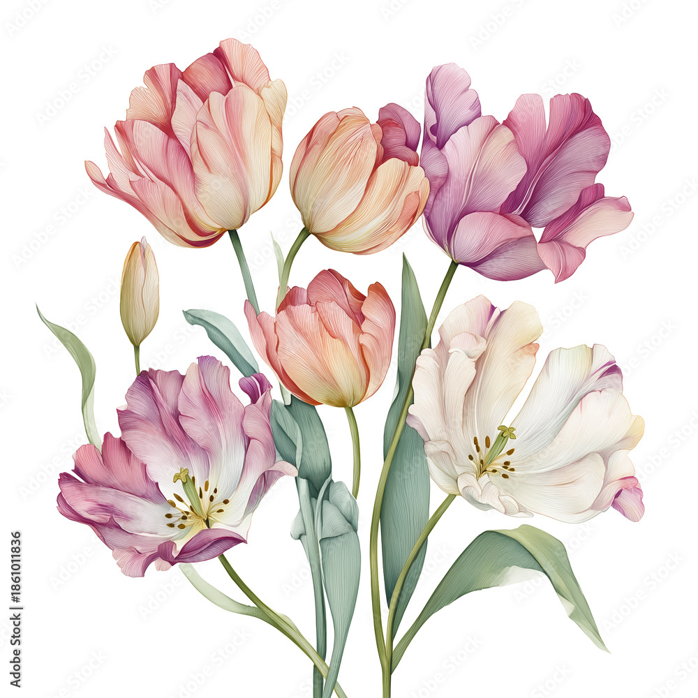 Obraz premium Elegant Tulip Bouquet: An artistic depiction of a cluster of vibrant tulips, showcasing delicate petals and a spectrum of colors, conveying a sense of spring's arrival and the beauty of nature.