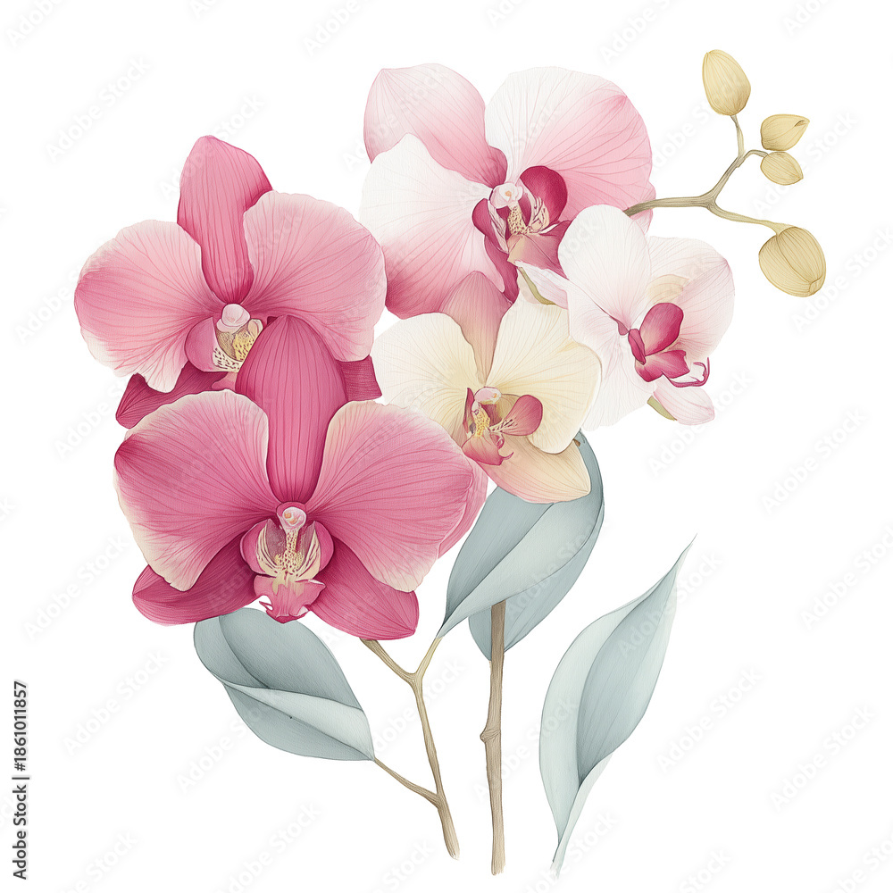 Obraz premium Orchid Bloom: Delicate orchid blossoms unfurl, revealing a spectrum of pink and ivory petals. The watercolor painting showcases floral elegance, with graceful leaves and soft buds.