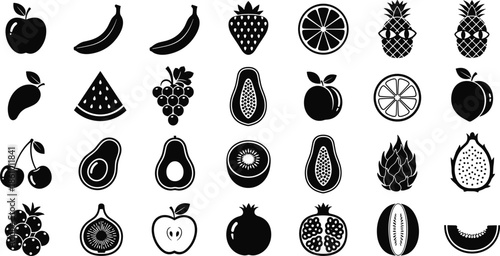 fruit icon illustration set, assorted tropical and fresh fruits collection, black silhouette produce design, healthy food symbol vector artwork, creative background