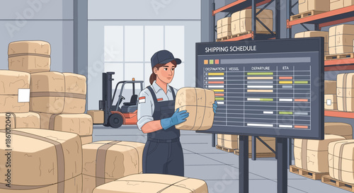 Warehouse worker checks shipping schedule near stacked boxes.