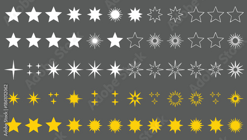 Minimal star symbols set for UI, rating, and design. golden symbols for rating and decoration on black background.