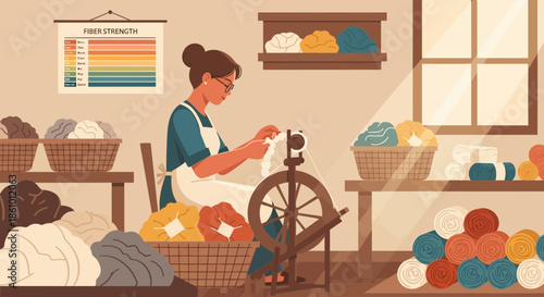 Woman spinning wool on a traditional spinning wheel.