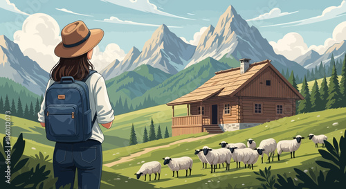 Woman with backpack looking at mountain landscape and sheep.