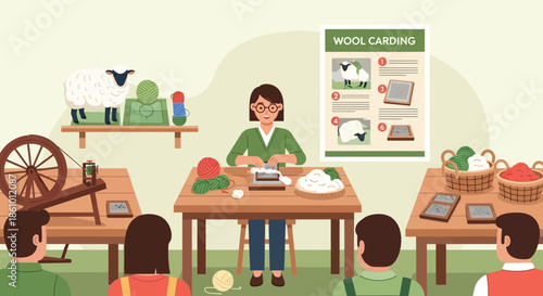 Wool Crafting Class Demonstrating Spinning and Knitting.