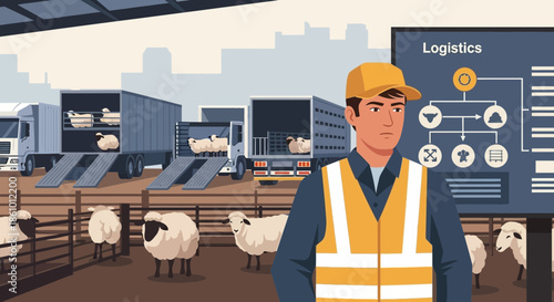 Farm worker overseeing sheep logistics and transport.