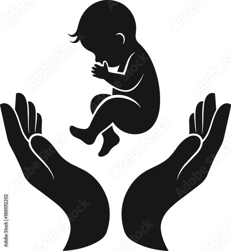 Minimalist black silhouette vector illustration of protective hands holding a newborn baby symbolizing maternity care, pregnancy, safety, and family love concepts
