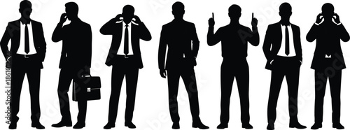 Set of black vector silhouettes of businessmen in formal suits standing in various poses symbolizing corporate leadership, success, and professional teamwork