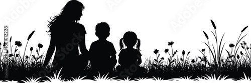 Silhouette vector illustration of a mother sitting in a field of grass and wildflowers with her two children on a white background