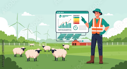 Farmer Explains Renewable Energy Data on Farm.