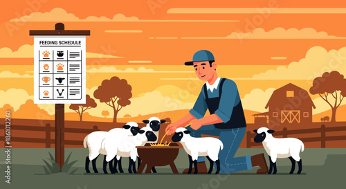 Farmer feeding sheep on a farm at sunset.