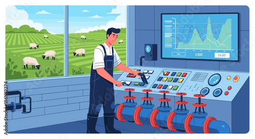 Farmer operating control panel in modern agricultural facility.