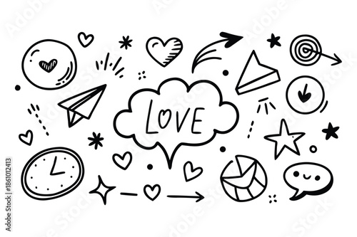 Romantic Doodle Collection with " Love" Speech Bubble and Hearts drawing sketch