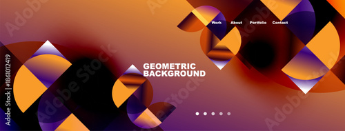 Abstract geometric design. Orange, purple hues dominate composition. Navigation menu present, dots indicate sections. Modern, dynamic visual style.