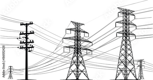 High voltage electricity transmission towers and power line poles silhouette, energy distribution network infrastructure, utility grid technology, electrical industry system illustration background