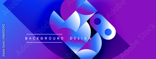 Abstract vibrant design features flowing shapes, gradients. Blue, purple hues dominate composition, creating modern aesthetic.