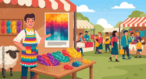 Man selling colorful crafts at a vibrant outdoor market stall.