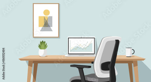 Modern Home Office Desk Setup with Laptop and Chair.