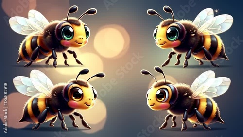 Adorable, cartoon-style depiction of four bees with large eyes, a yellow and black striped body, and translucent wings, on a bokeh background