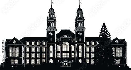 historic university building silhouette, grand academic campus architecture, vintage college facade with towers, education landmark illustration, classic institutional exterior art