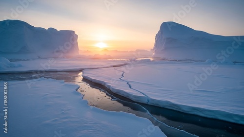 Sunset over icy landscape with frozen river.