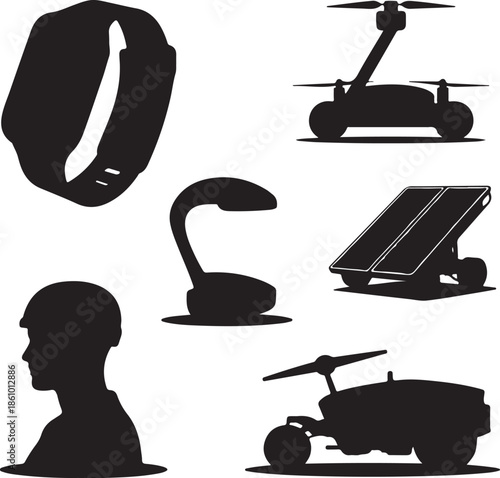 Collection of modern technology and gadget silhouettes isolated on transparent background