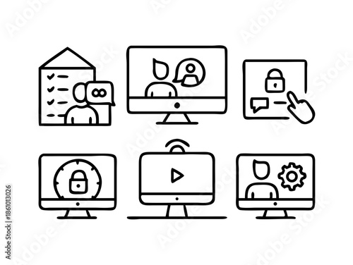 Minimal Line Icons of Remote Work Tools for Video Conferencing and Digital Communication