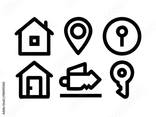 Real Estate Black and White Outline Icons for House Sales, Renting, and Property Listings